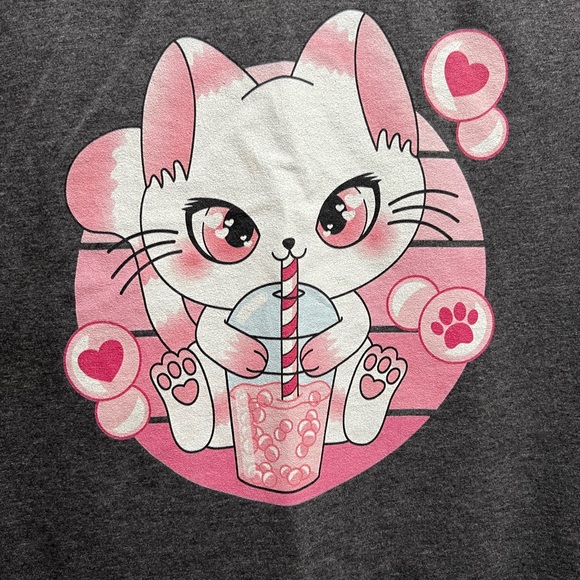 Dark gray t shirt with cute cat drinking boba in Size Medium by Port & Company - Picture 2 of 3